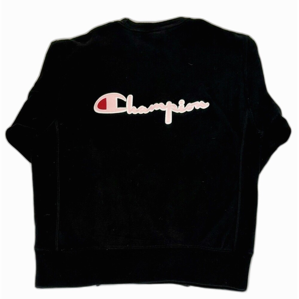 VTG 90s Black Champion Reverse Weave Sweatshirt Spellout Pink Logo Size M